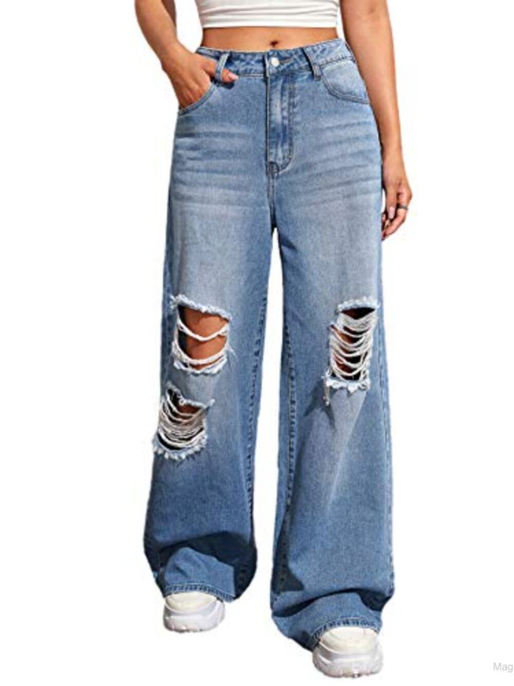 High Waist Ripped Wide Leg Jeans Casual Distressed Denim Pants Non-Stretch